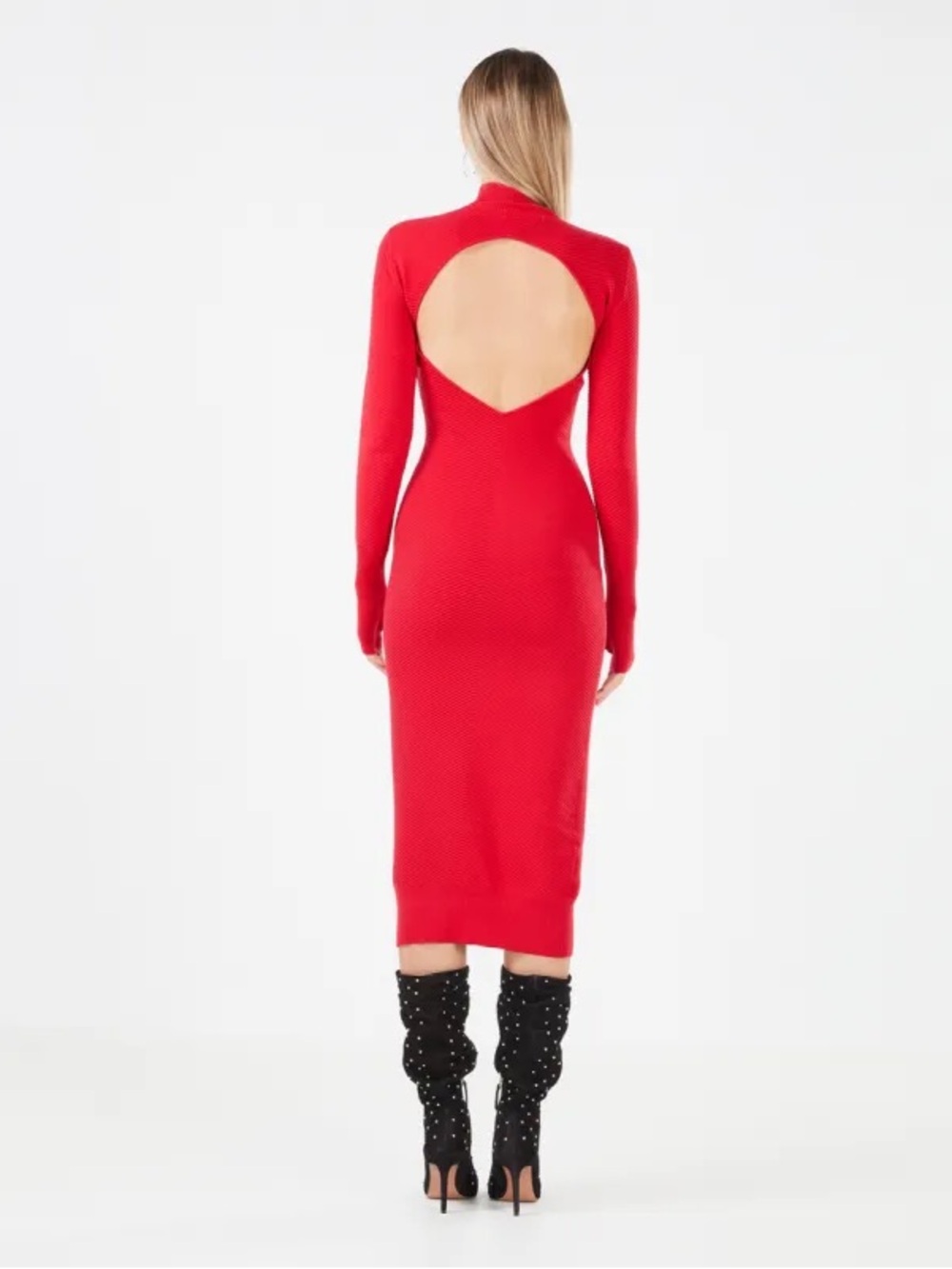 BCBGMaxAzria Red Avena Open-Back Midi Bodycon Long sleeve Dress